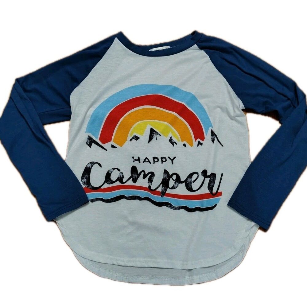 RAGLAN "HAPPY CAMPER" SHIRT SIZE XL Rainbow 🌈 White And Blue